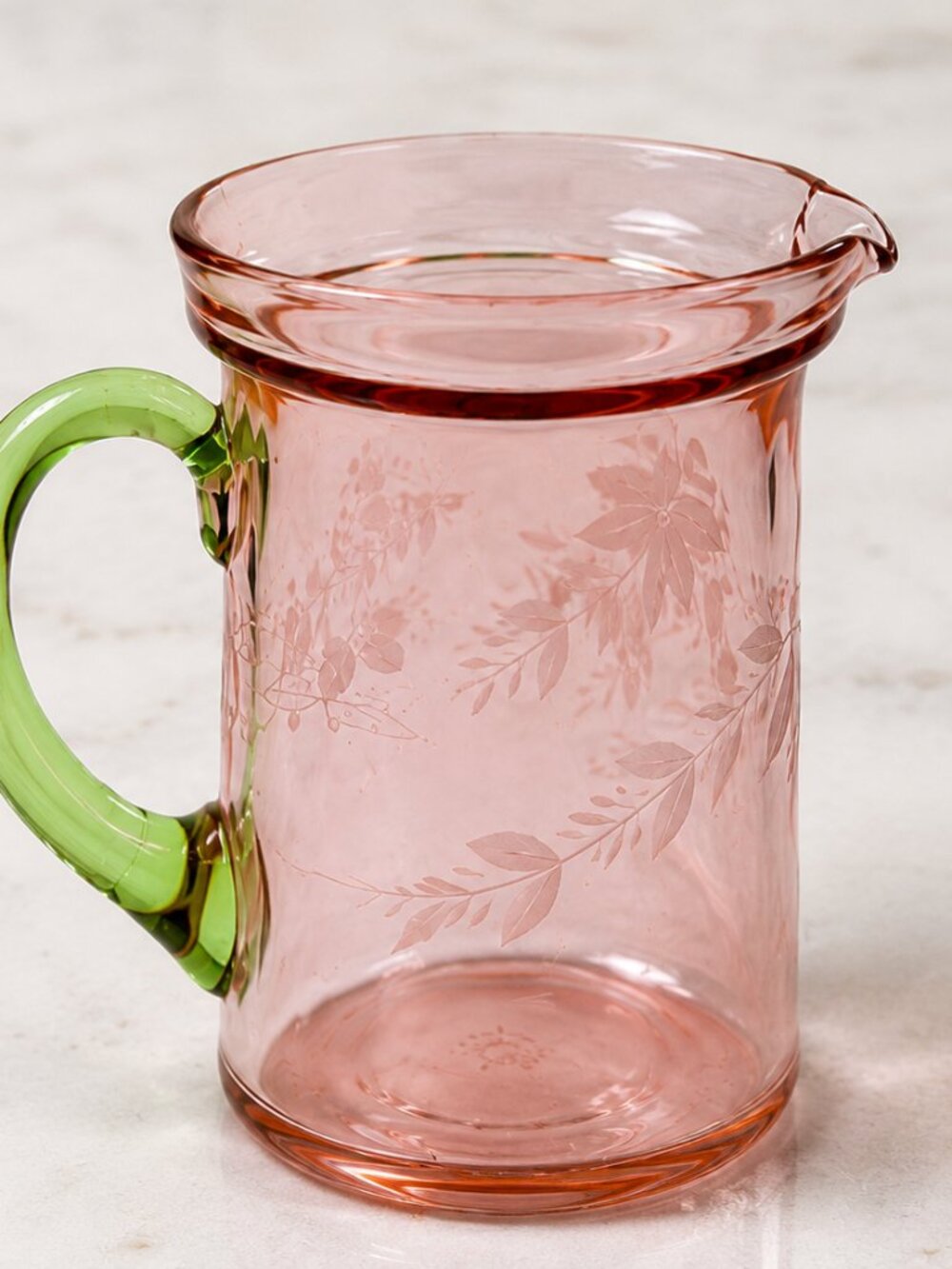 PJ-50--Vintage Jeannette Pink Depression Glass Uranium Handle Creamer